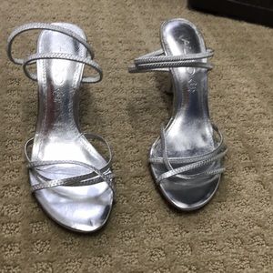 Silver open toe heel